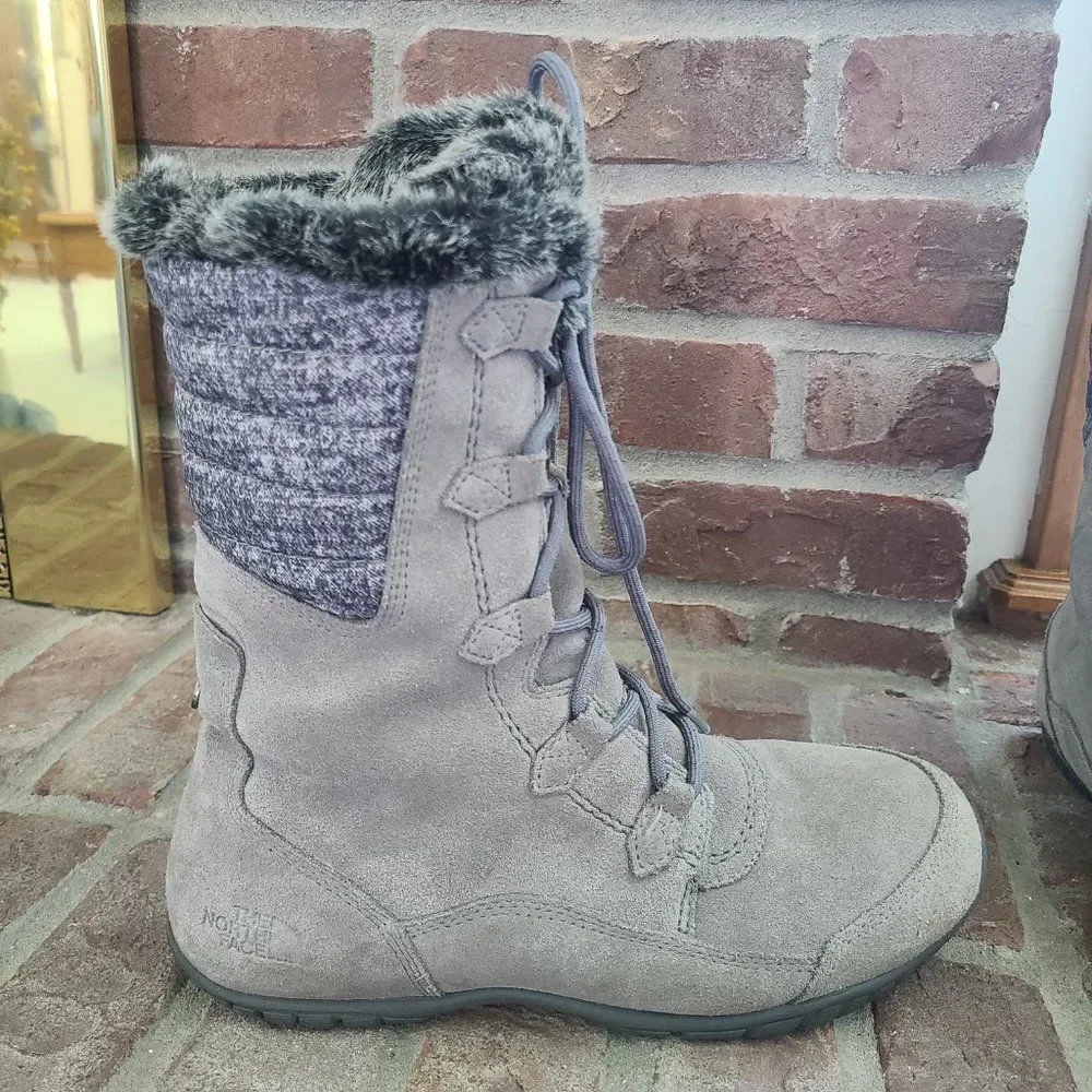 The North Face Nuptse Purna II Gray Women's Winter Boots Suede Faux Fur Size 9